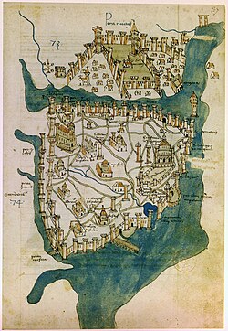 Map of Constantinople (1422) by Florentine cartographer Cristoforo Buondelmonti, showing (a greatly enlarged) Pera (Beyoğlu) at the north of the Golden Horn, with the peninsula of Constantinople to the south.
