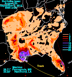 Storm total rainfall from Isaac, August 25 – September 3, 2012