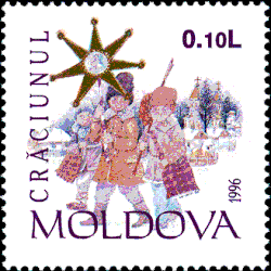 Star boys. Postage stamp depicting traditional Christmas and Epiphany star singing in Moldova.