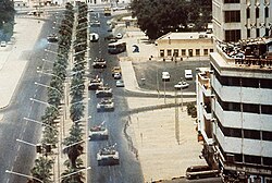 Iraqi Armed Forces tanks in Kuwait City of Iraqi-occupied Kuwait on 2 August 1990 during the Iraqi invasion of Kuwait that began the Gulf War.