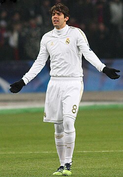Kaká playing for Real Madrid CF against PFC CSKA Moscow in the UEFA Champions League in 2012. Due to laws around gambling advertising, Real Madrid's usual front shirt sponsor bwin was omitted from their kits during that match
