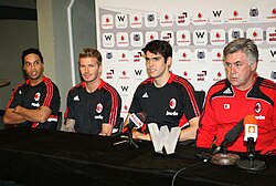Kaká (second from right) at Milan with Ronaldinho and David Beckham to his right in 2009. The three players have a large fan base on social media.[244]