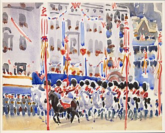 Mounted Band of The Scots Greys, Coronation Parade, 1937 by Harry Greville Wood Irwin. Painted in 1937, depicting the Coronation of King George VI