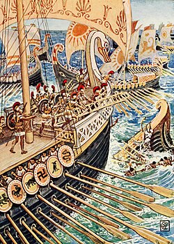 Greek ships against Achaemenid ships at the Battle of Salamis.