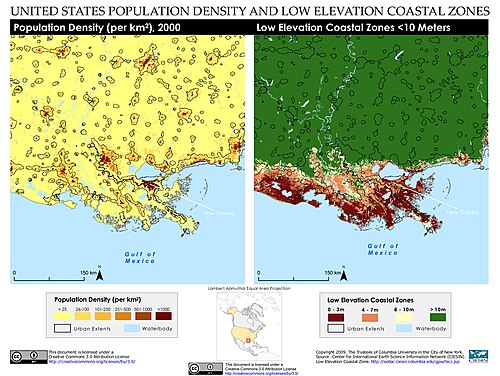 Population density and low-elevation coastal zones in the Mississippi River Delta. The Mississippi River Delta is especially vulnerable to sea level rise.