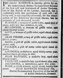 Three different race classifications appear in this public notice by the executor of the last will of Andre Deshotels, deceased, regarding emancipation of his former slaves. (Opelousas Patriot, St. Landry Parish, November 3, 1855, via Chronicling America digital newspaper archive)