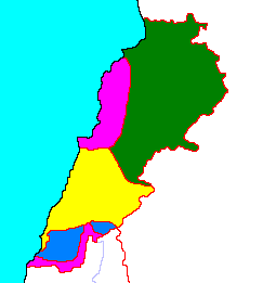 Map showing power balance in Lebanon, 1983: controlled by Christian groups controlled by Israel controlled by the UN