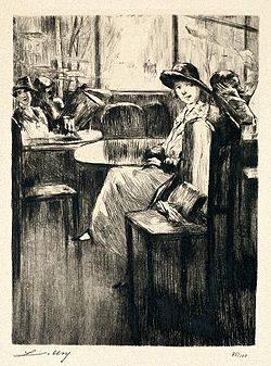 Young Girl in cafe with street-view, etching by Lesser Ury, 1924
