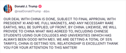 A Truth Social post from Donald Trump announcing a reversal of some tariffs against China, seen by analysts as Trump having "chickened out"