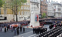 Wreaths being laid during the Remembrance Sunday service at the Cenotaph in Whitehall, London