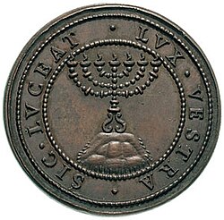 Reverse of 1590 coin in honor of Urban VII with menorah and the legendSIC·LUCEAT·LUX·VESTRA(Let your light so shine – Matt. 5:16)