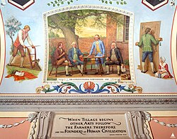 A 1974 portrait by Allyn Cox on display on the first floor of the U.S. House of Representatives wing of United States Capitol of the four primary framers of United States Constitution meeting in garden of Benjamin Franklin. Left to right: Alexander Hamilton, James Wilson, James Madison, and Benjamin Franklin