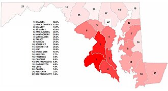 Map of slave populations in Maryland by county at the time of the Civil War