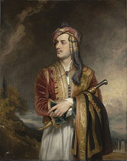 Lord Byron dressed in the traditional Albanian costume traditionally consisting of the Fustanella and a Dollama decorated with filigree. Lord Byron in Albanian Dress by Thomas Phillips, 1813.