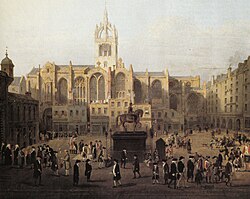 A painting showing Edinburgh characters (based on John Kay's caricatures) behind St Giles' Cathedral in the late 18th century