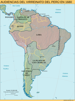 The audiencias of the Viceroyalty of Peru c.1650. The Audience of Charcas is section 5.[2]