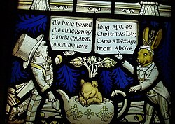 Lewis Carroll memorial window (Mad Hatter, Dormouse and March Hare pictured) at All Saints' Church, Daresbury, Cheshire