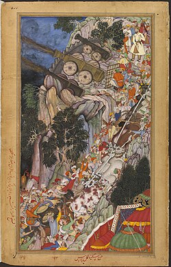 Bullocks dragging siege-guns up hill during Akbar's Siege of Ranthambore[8]
