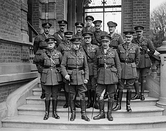 Field Marshal Sir Douglas Haig (centre front) with his senior commanders and staff officers at Cambrai, France, 11 November 1918. Stood in the centre of the second row, to Haig's left, is General Sir William Birdwood.