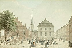 The National Bank's first home next to Børsen on Slotsholmen, c. 1850.