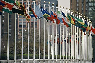 The national flags of United Nations members flown outside the UN Headquarters. Flags are a common national symbol used by sovereign states.