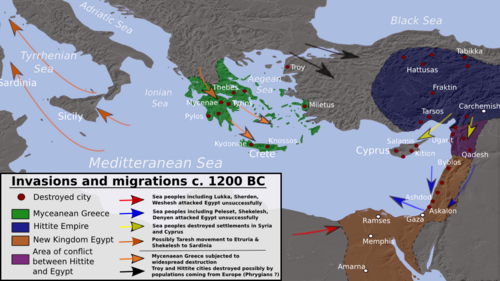 Invasions, population movements and destruction during the collapse of the Bronze Age, c. 1200 BCE