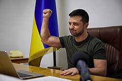 Zelenskyy giving a video address to the United Kingdom's parliament on 8 March 2022