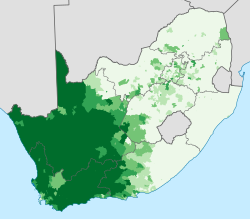 The distribution of Afrikaans across South Africa: proportion of the population speaking Afrikaans at home: 0–20% 20–40% 40–60% 60–80% 80–100%