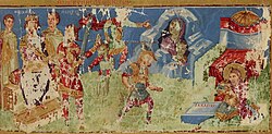 The martyrdom of Zachariah in the Temple during the Massacre of the Innocents; and the Flight of Elizabeth, as depicted in a miniature from the Paris Gregory, a 9th-century manuscript codex