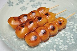 Mitarashi dango, a traditional sweet dumpling from Hida, Gifu