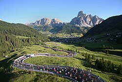 2008 Maratona dles Dolomites ascent to Campolongo Pass, with Corvara in the background