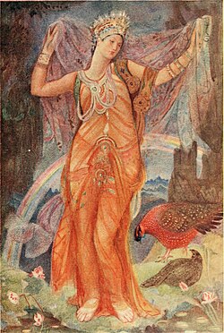 A modern illustration depicting Inanna-Ishtar's descent into the Underworld taken from Lewis Spence's Myths and Legends of Babylonia and Assyria (1916)