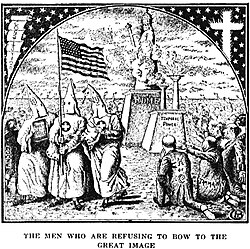 Among the kneeling Catholics are men who are marked K of C (Knights of Columbus) and Tammany (Tammany Hall), both politically powerful groups; illustrated by the Southern Mafia.