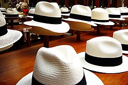 Handwoven toquilla straw hats in a city shop