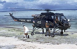 Wasp from HMS Galatea landing personnel on Aldabra atoll, Indian Ocean (1970)