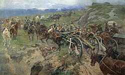 This 1892 painting imagines a scene of Russian troops forming a bridge with their bodies, moving equipment to prepare for invading Persian forces during the Russo-Persian War (1804–1813), which occurred contemporaneously with the French invasion of Russia.