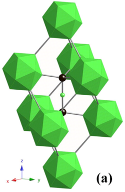 Unit cell of B4C. The green sphere and icosahedra consist of boron atoms, and black spheres are carbon atoms.[73]