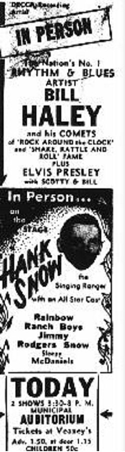 Bill Haley/Elvis/Hank Snow Ticket – Oklahoma City newspaper ad. for Sunday October 16, 1955; two shows at the Municipal Auditorium. Note: Elvis Presley's first appearance to be co-promoted (with Hank Snow) by Colonel Tom Parker.