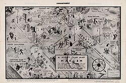 A 1933 map of nightclubs in Harlem, showing the Cotton Club and others such as the Savoy Ballroom and Smalls Paradise.[42]