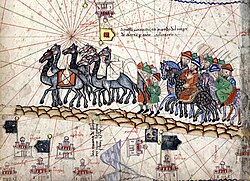 A close-up of the Catalan Atlas depicting Marco Polo travelling to the East during the Pax Mongolica