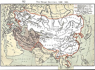 The Mongol Empire at its greatest extent. The gray area is the later Timurid Empire.