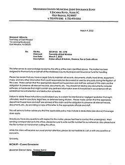 Form filed by East Windsor Township which conflicts with the timeline provided to residents and State and Federal officials.
