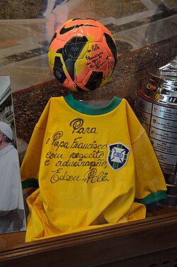 A practicing Catholic, Ronaldo donated a signed football to Pope Francis. Accompanied with a signed Brazil jersey from Pelé, it is located in one of the Vatican Museums.