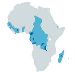 Status of French in Africa as of 2026: Countries in which it is an official de jure language Areas in which is spoken as a native language