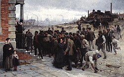Agitated workers face the factory owner in The Strike. Painted by Robert Koehler in 1886.