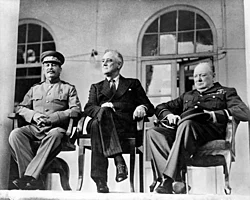 The Big Three: Stalin, US President Franklin D. Roosevelt, and British Prime Minister Winston Churchill at the Tehran Conference, November 1943