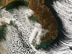 Lake-effect snow bands near the Korean Peninsula