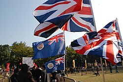The Union Jack alongside the colonial Hong Kong flag, during the 2014 new year march in Hong Kong