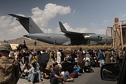 An RAF C-17 at Kabul International Airport to assist with evacuations (20 August 2021)