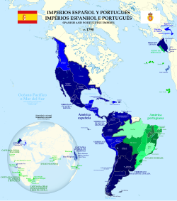 An interpretation of the extent of the Spanish and Portuguese colonies in the Americas in 1790